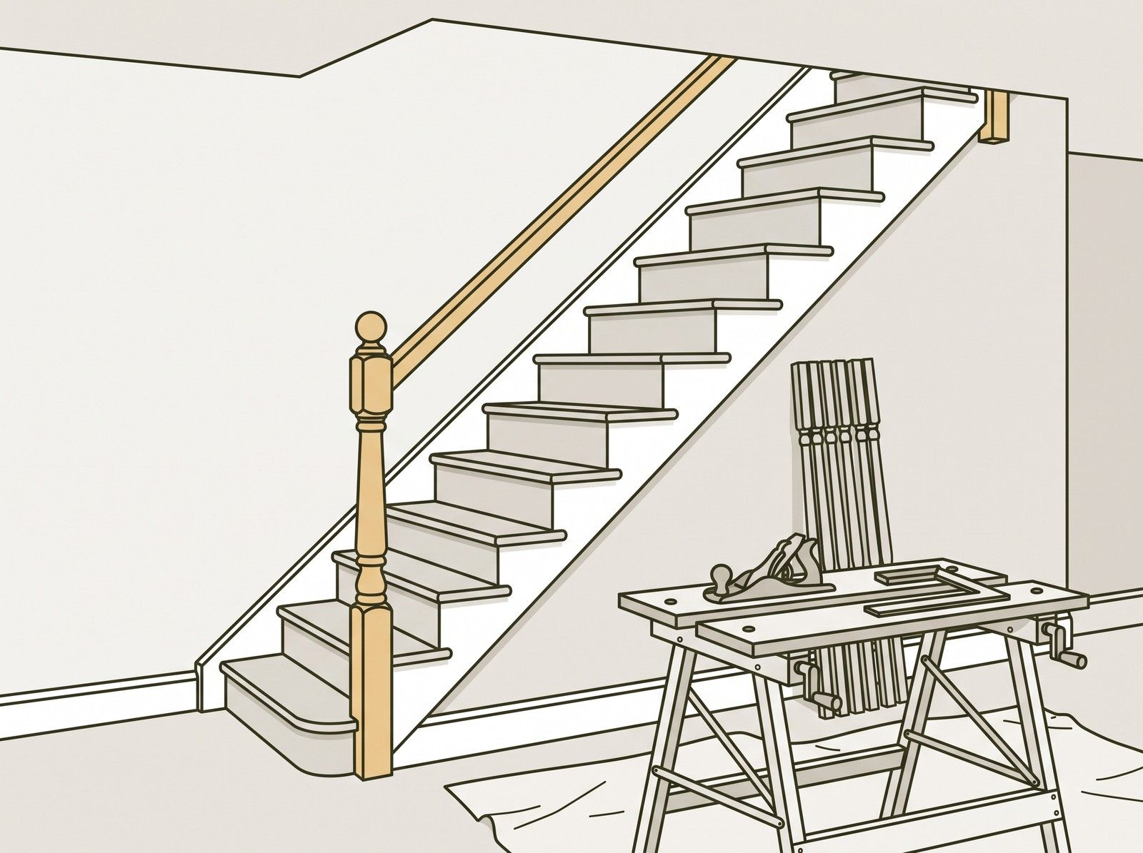 A hallway with a new timber staircase being fitted, spindles waiting to go in and a carpenter's workbench on dust sheets